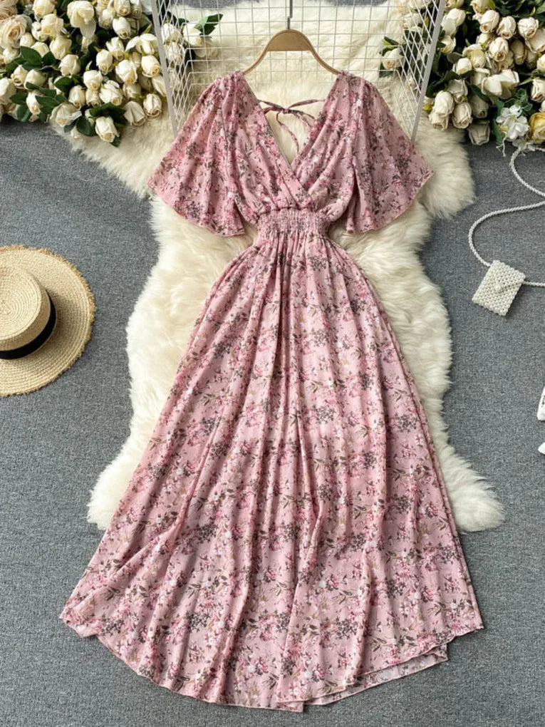 2025 Women Summer Dress Short Flare Sleeve V-neck Chiffon Maxi Dress Boho Style Floral Print High Waist A-line Beach Long Dress