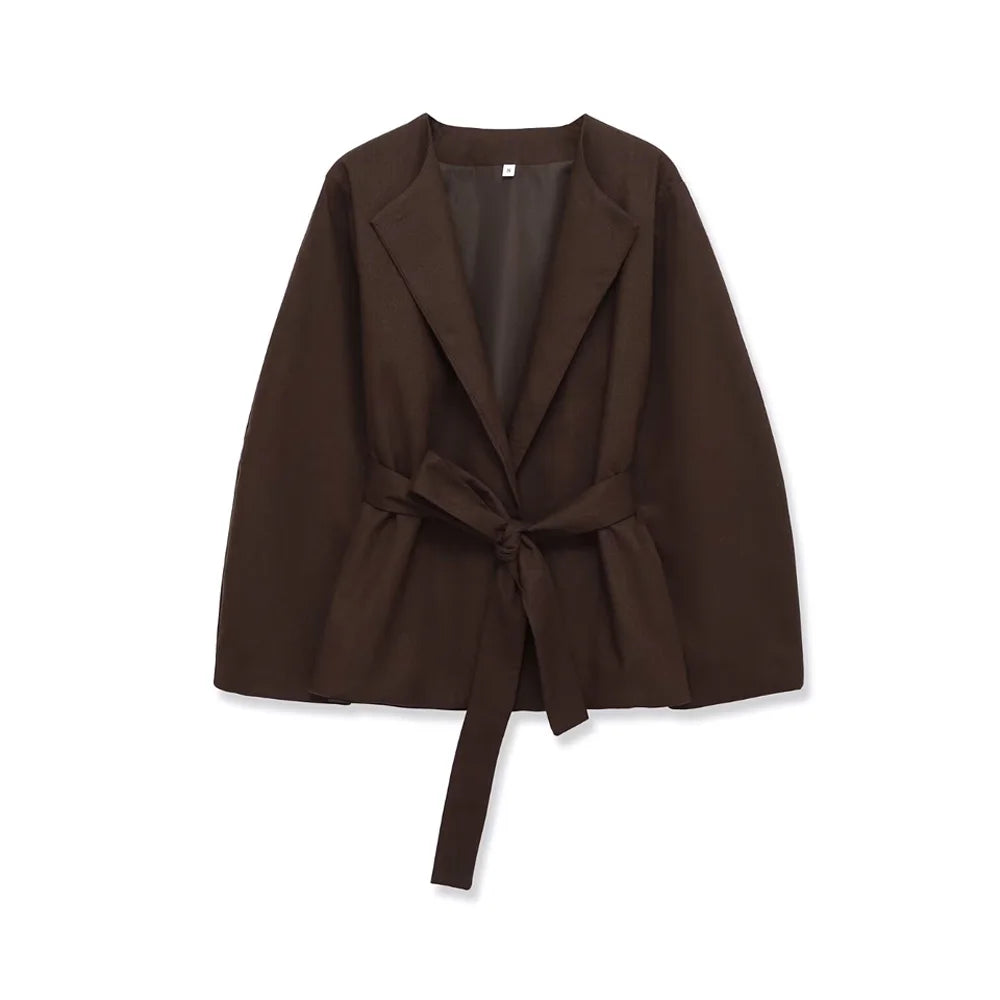 Women's Chic Solid Color Open Blazer Coat with Belt Loose Fit Long Sleeve Female Outerwear Stylish Top