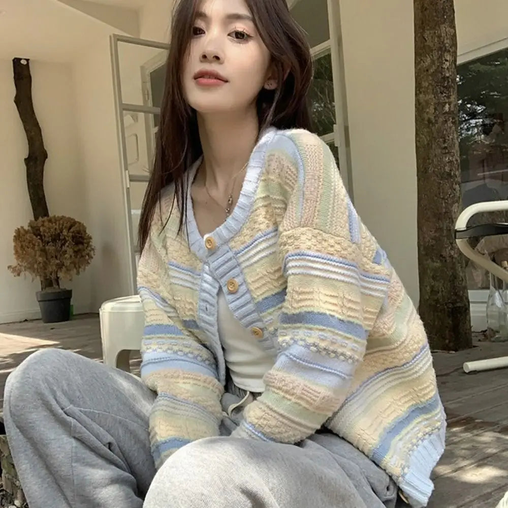 Spring Long Sleeve Stripe Crochet Sweaters Autumn Spring Korean Sweet Knitwear Ladies Top Loose Cardigans Women Y2K Streetwear