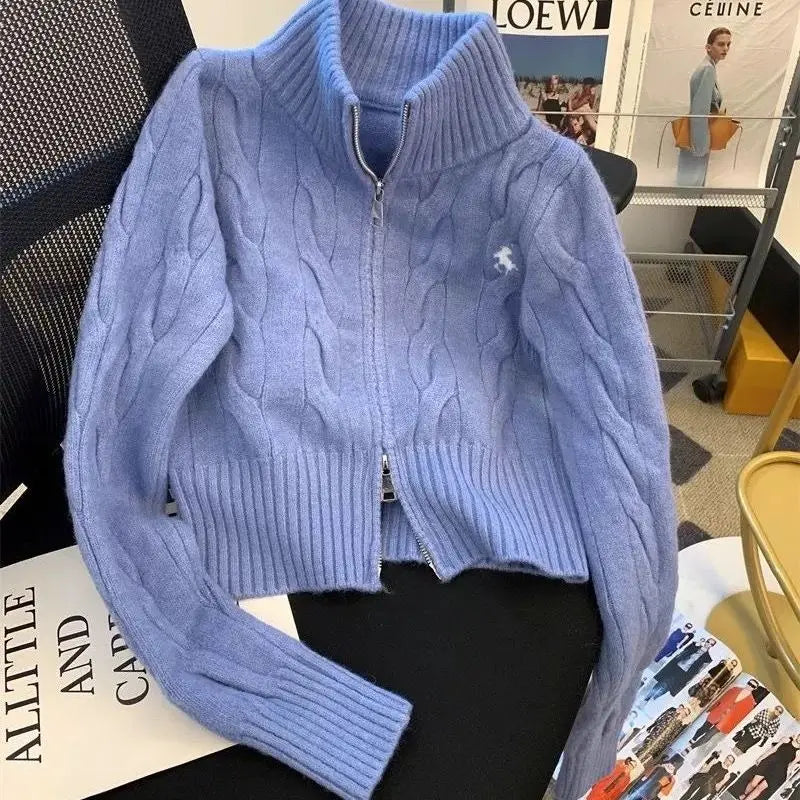 Korean Chic Sweater Women Autumn Winter Knitted Cropped Cardigan Y2k Embroidery Zip Jacket Soft Jumpers Long Sleeve Coat Design