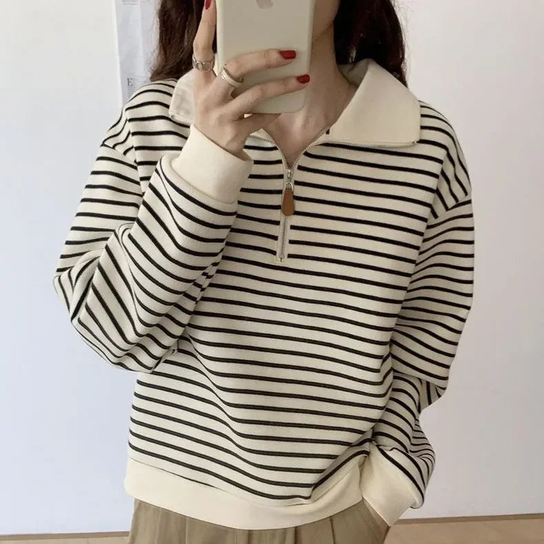 Polo Collar Sweatshirt for Women 2025 Autumn Small Short Jacket Striped Long Sleeve Top Pullover Top Trendy