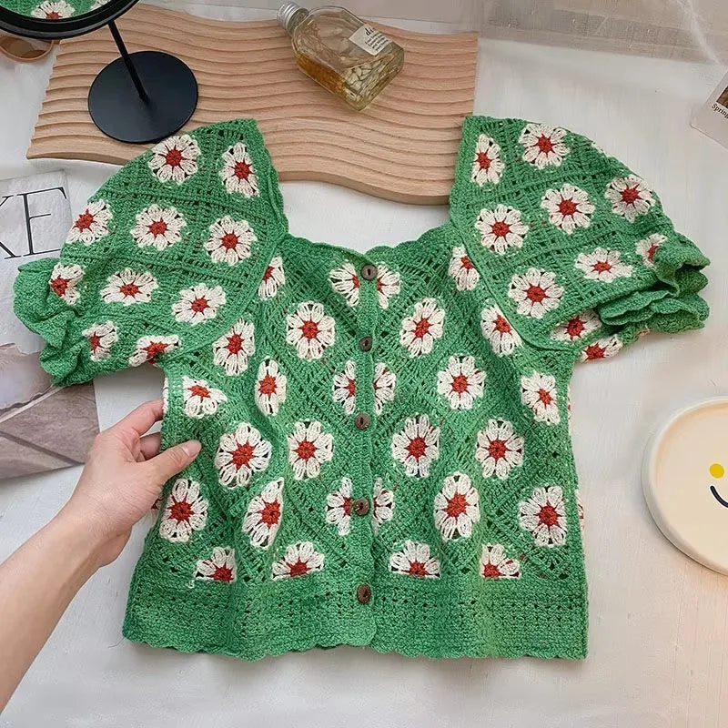 Embroidered Daisy Crochet Top Puff Sleeve Square Neck Openknit Floral Crop Blouse Summer Women Teen-girl Fairycore Outfit