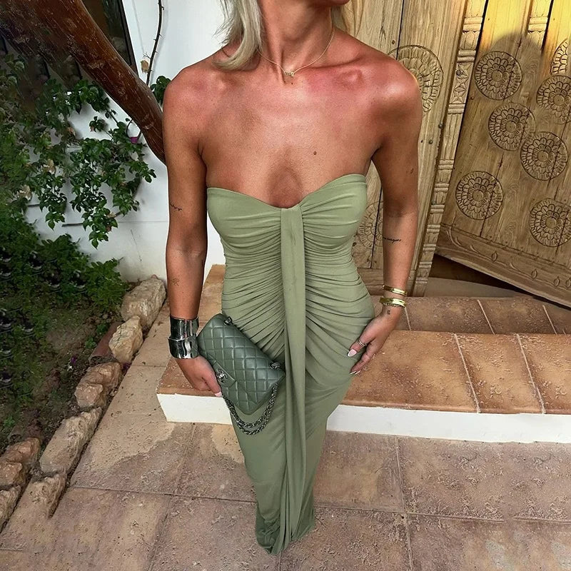 Strapless Sleeveless High Waist Long Gown Elegant Bandage Party Dress for Women 2025 Spring Autumn Off The Shoulder Maxi Dress