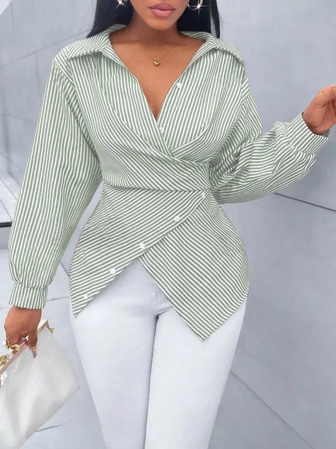 Women's Shirts 2025 Spring Summer Striped Printed New Fashion Loose Casual Blouses Irregular Cross Long-sleeved Design Sense Top