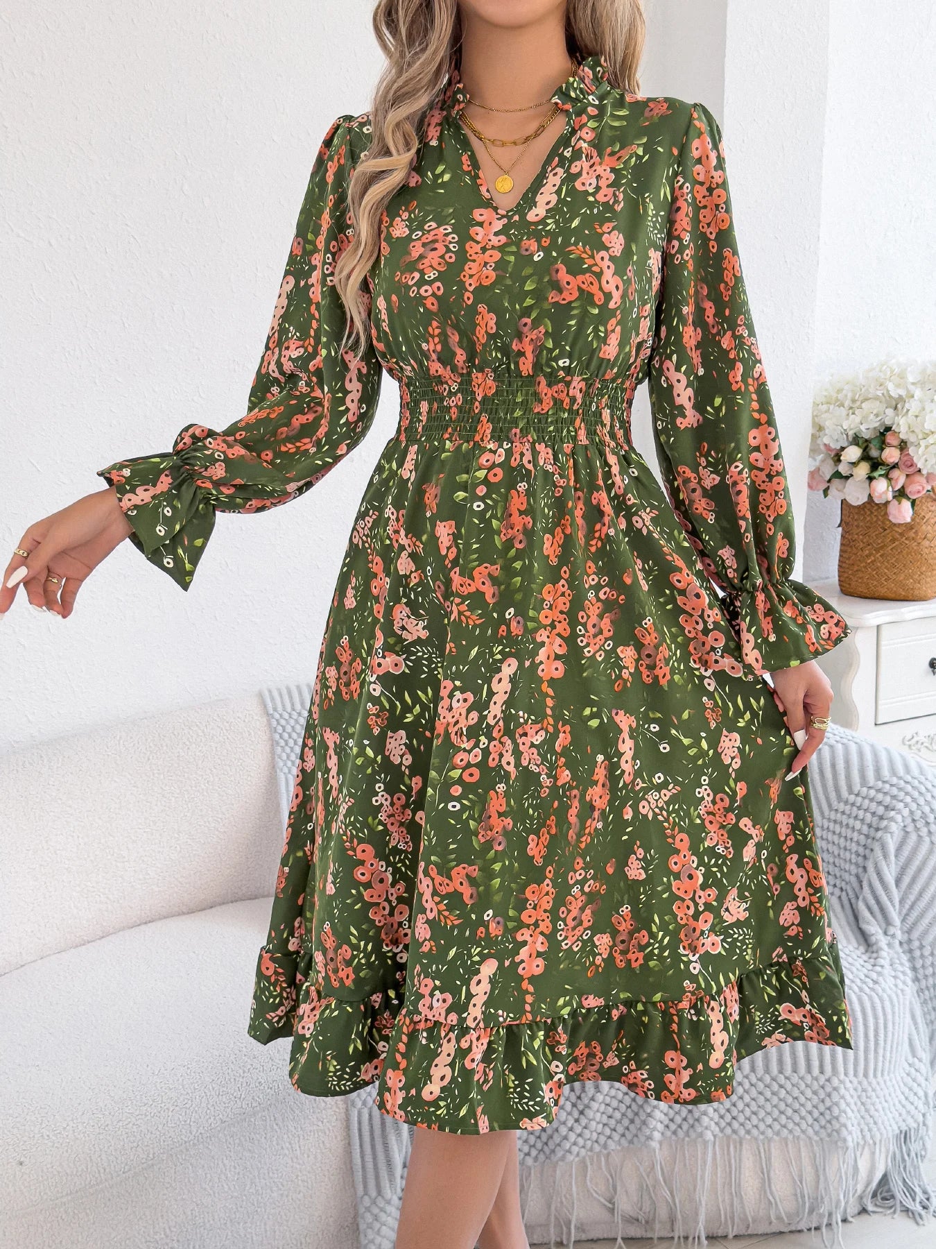 Elegant Floral Print Dresses Women 2025 Autumn Winter V Neck Flare Long Sleeve Ruffled A Line Dress