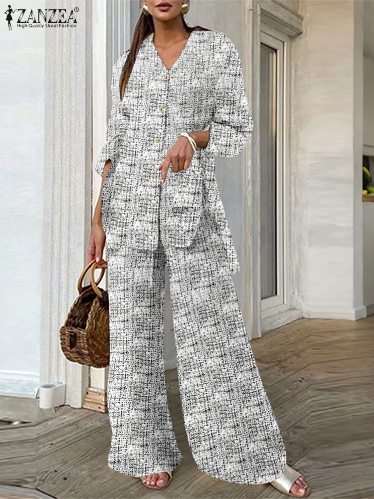ZANZEA Women Cotton Pant Sets 2025 Print Vintage Autumn Long Sleeve Shirts Wide Leg Pants Outfit Casual OL Suits Oversized Sets