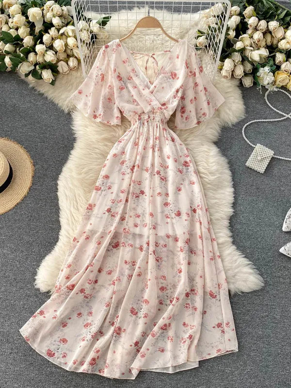 2025 Women Summer Dress Short Flare Sleeve V-neck Chiffon Maxi Dress Boho Style Floral Print High Waist A-line Beach Long Dress