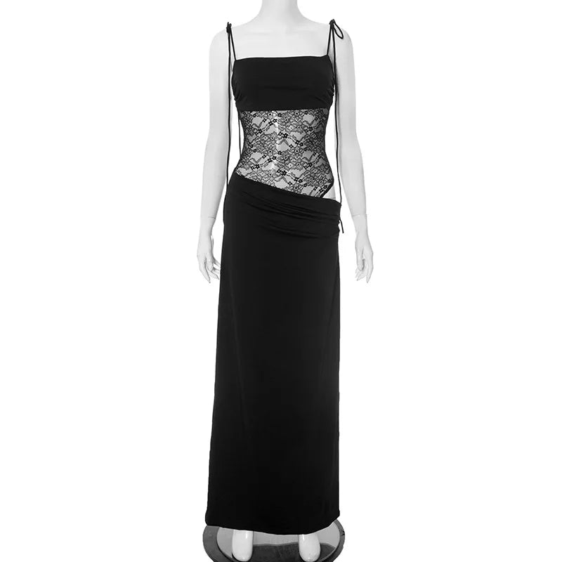 Spring/Summer Sleeveless Lace Splicing Slip Dress New Solid Color Suspender Strap Elegant Bodycon Sexy Party Evening Long Dress