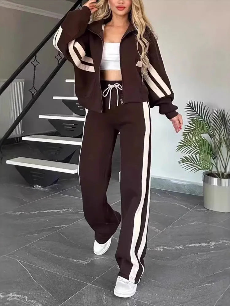 Fashion Long-sleeved Stand-up Collar Zipper Top + Wide-leg Pants 2-piece Set Women Autumn Striped Splicing Sport Suit Female Y2K