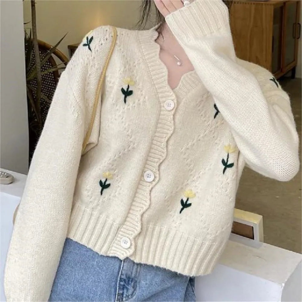 Candy Color Short Knitted Sweater Long Sleeve Flower Embroidery Women Knitted Cardigan Slim INS Korean Style Sweater Female