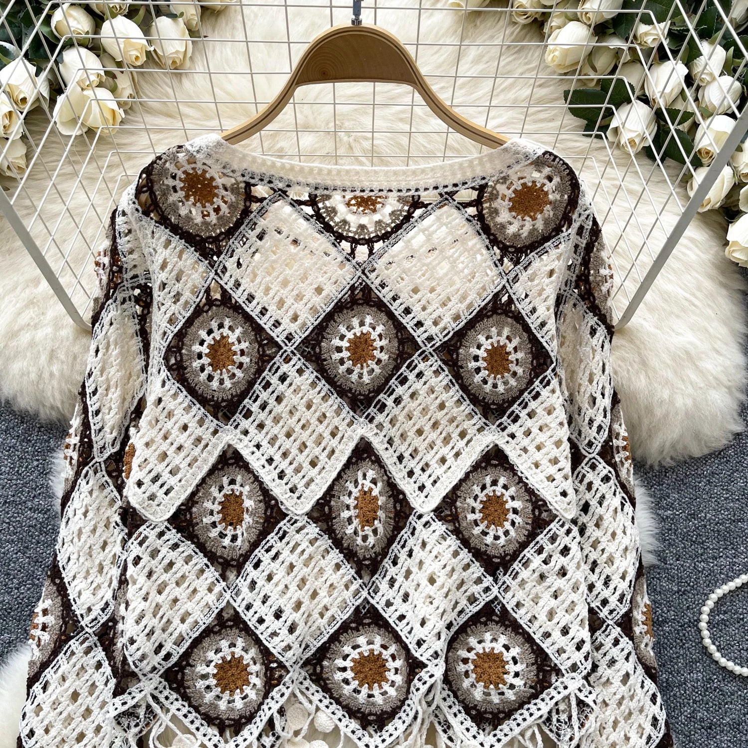 Granny Square Crochet Knit Top for Women Long Sleeve Sheer Open Knit Pullover Sweater Teen-girl Boho Beach Cover Up Outfit