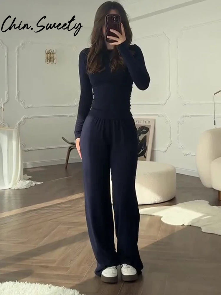 Solid Top Trousers Women Set Slim Long Sleeve O-neck Tops Pleated Straight Pocket Pants 2026 Spring Summer Vacation Lady Outfit