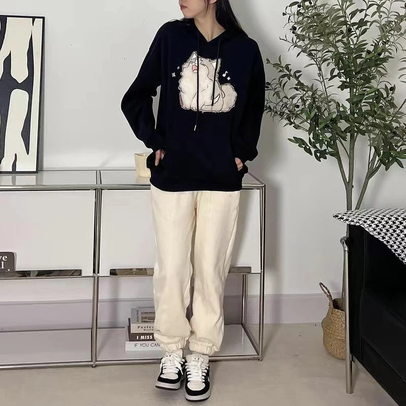 Korean Style Cat Print Pullover Hoodie Streetwear Embroidery Design Autumn Winter Cute Cartoon Loose Fit For Couples Men Women
