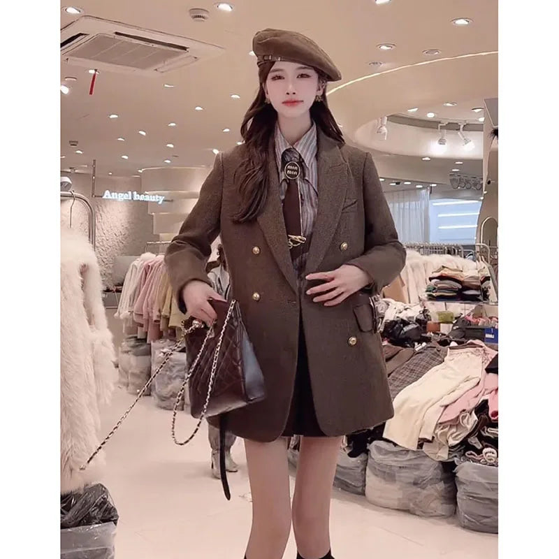 Comes With Belt A Vintage Wool Jacket For Women Autumn And Winter 2024 New Double-Breasted Temperament Female Long Sleeve Blazer