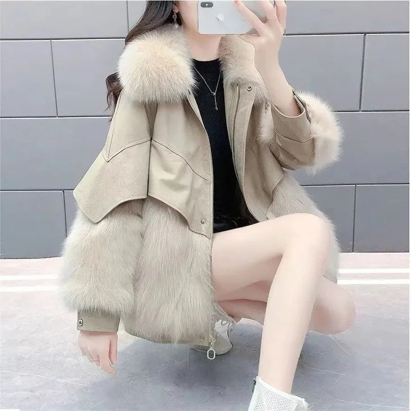 Women Fashion Warm Cardigan Fur Coat 2023 Winter Female New Korean PU Leather Imitation Fox Fur Medium Length Thick Haining Coat
