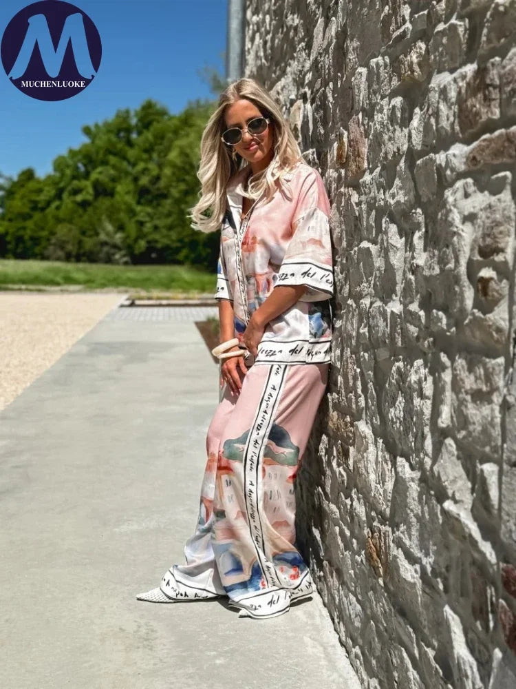 2 Pieces Set for Woman Summer New Elegant Printed Half Sleeves Shirt Tops Suits Fashionable Casual Loose Wide Leg Pants Sets