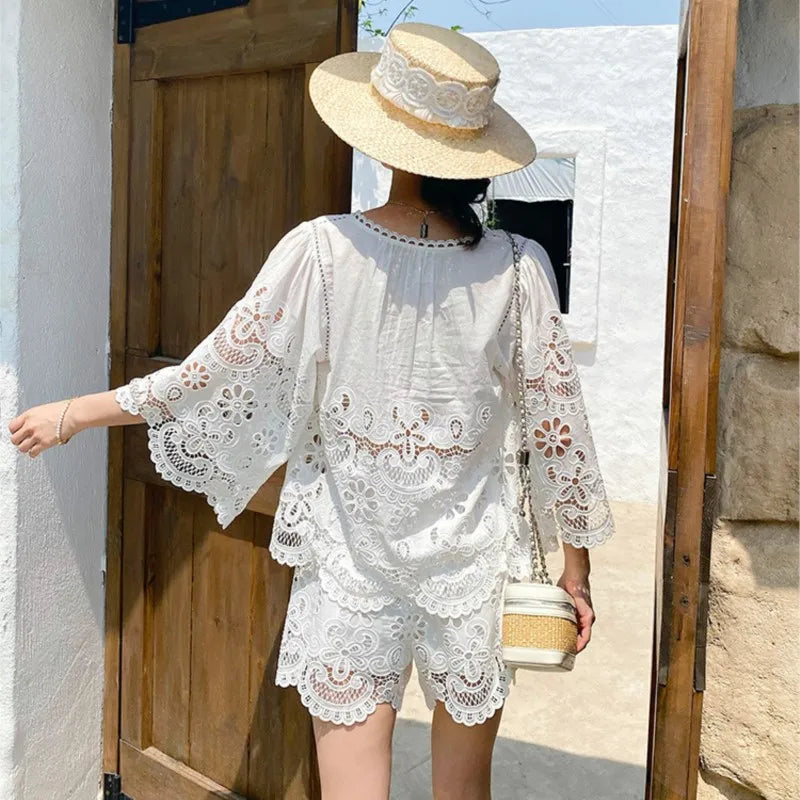 Chic Hollow Lace Embroidery Suit French V-neck Casual Top + Elastic Waist Shorts 2-piece Set For Vacation Beach Women Outfits