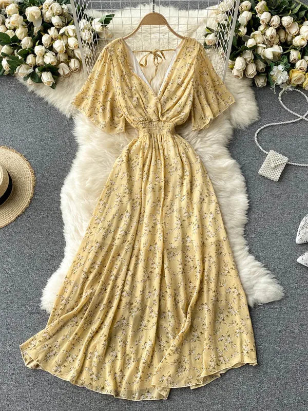 2025 Women Summer Dress Short Flare Sleeve V-neck Chiffon Maxi Dress Boho Style Floral Print High Waist A-line Beach Long Dress