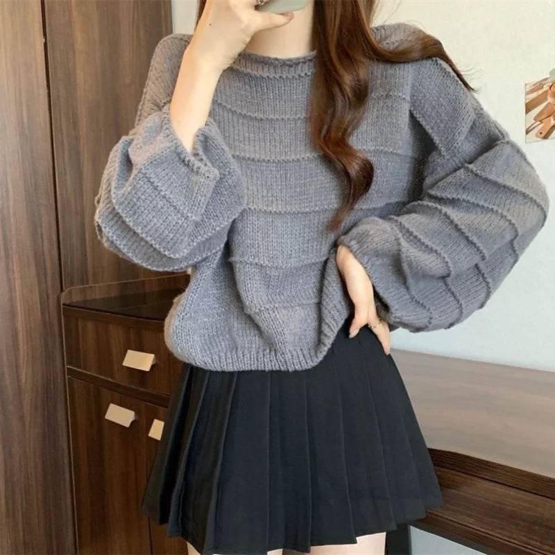 Knitted Sweater All Match Round Neck Sweater Pullover Korean Style New Loose Autumn Fashion Casual Chic Solid Color Top