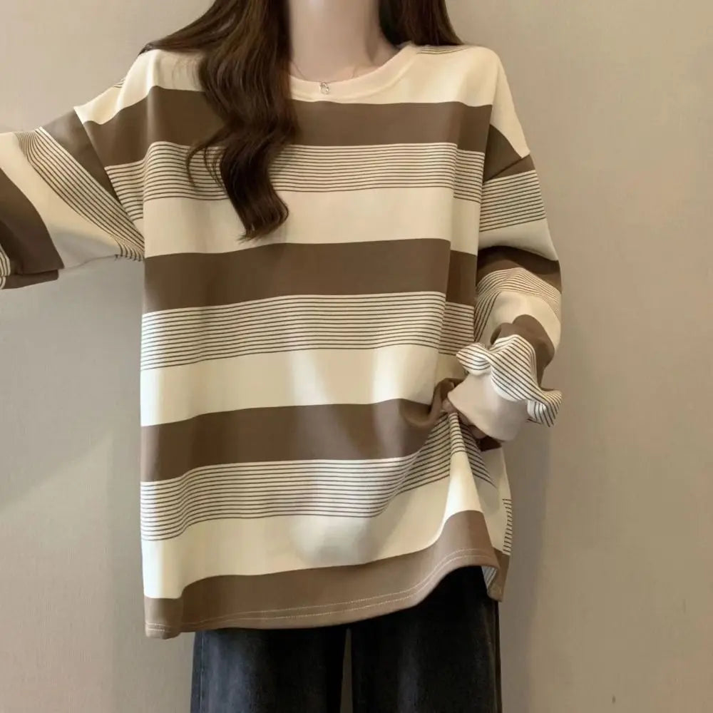 Korean Style Retro Long Sleeve T Shirt Plus Size Loose Sweatshirts for Women Chic Stylish Striped Blouse Streetwear
