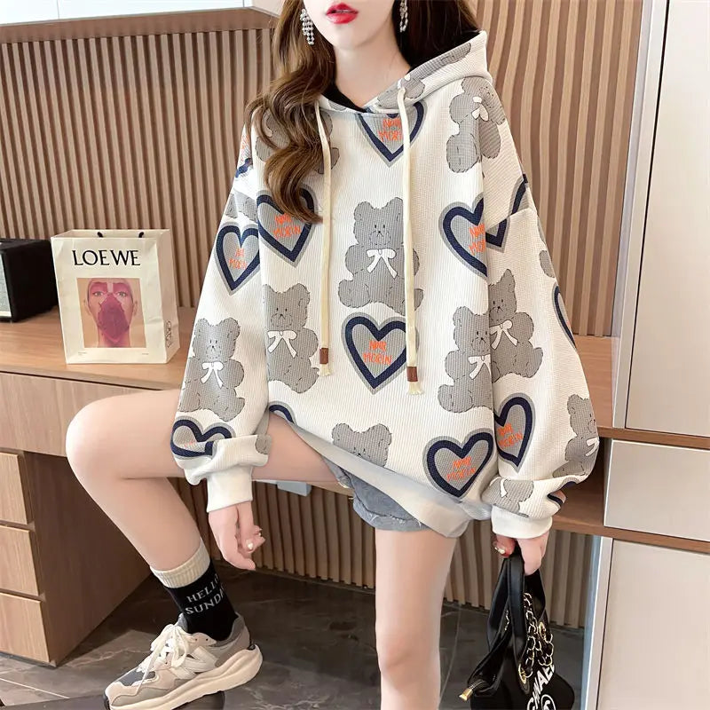 Cute Women's Hooded Sweatshirts Baggy Female Top Loose Hoodies Apricot Spring and Autumn Kawaii Graphic Korean Fashion Harajuku