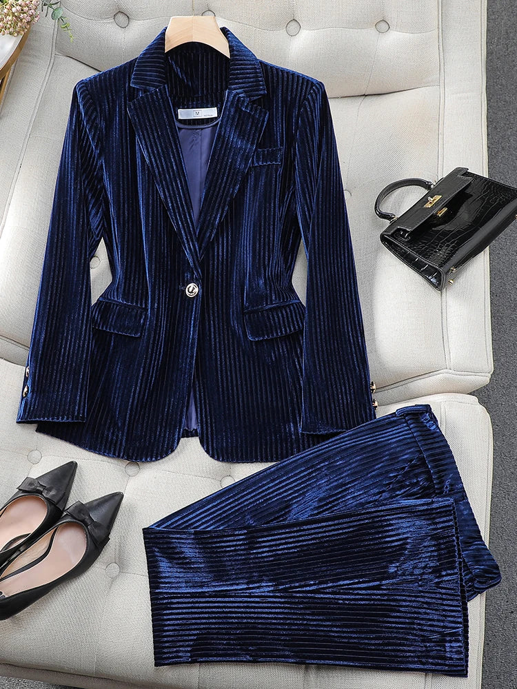 Fashion Red Green Black Blue Ladies Pant Suit Women Female Work Wear Formal Jacket Blazer and Trouser Striped 2 Piece Set