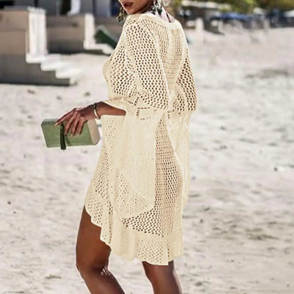 Sexy Women’s Bathing Suit Beach Cover Up Hollow Out Knitted Women Flared Sleeves Solid Color Beach Dress saida de praia
