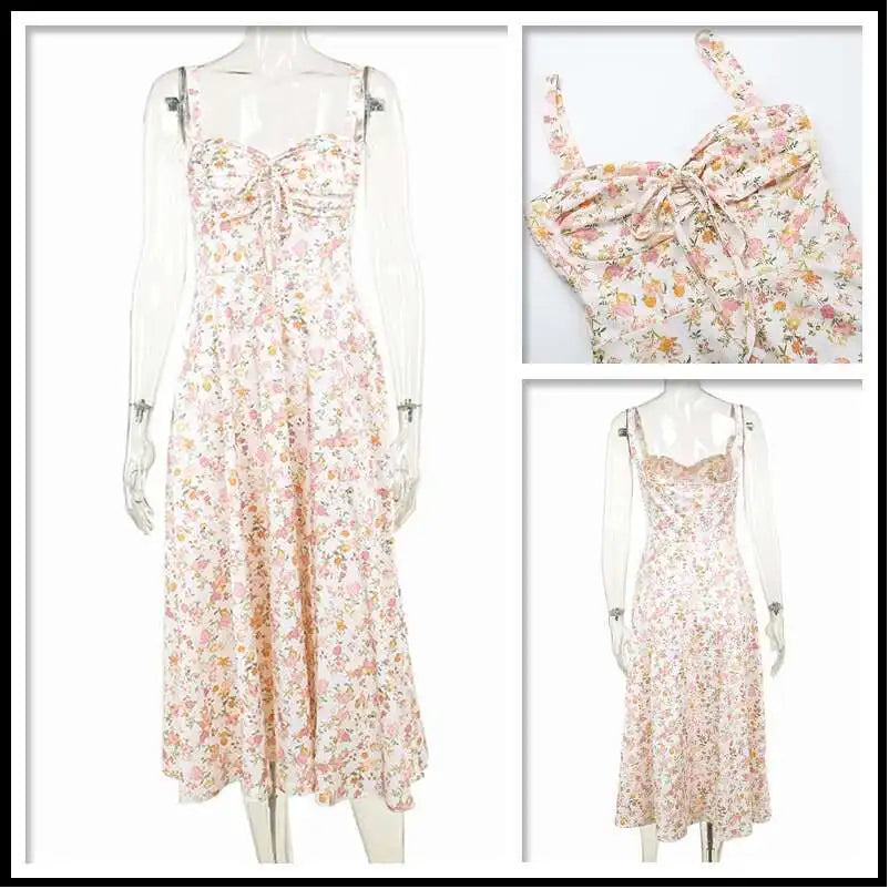 Townlike Waist Wrap Print A-line Midi Long Dress Women Spaghetti Strap 2024 Spring Summer Dress Backless Sexy Party Dresses