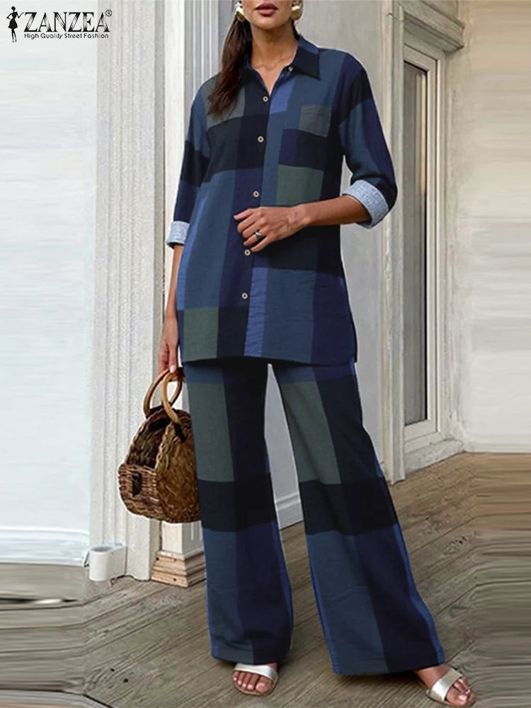 ZANZEA Women Cotton Pant Sets 2025 Print Vintage Autumn Long Sleeve Shirts Wide Leg Pants Outfit Casual OL Suits Oversized Sets