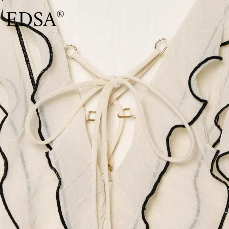 EDSA Women Vintage Semi-sheer Blouse with Ruffles Trims with Drawstring V-neck Long Sleeves Elasticated Cuffs Summer Shirt Tops