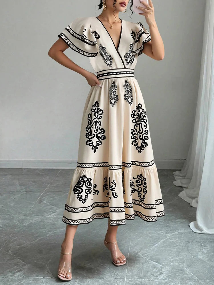 Rafiah Women's Even Dress 2025 Summer Modest Fashion Graphic Printing Short Petal Sleeve V-Neck Midi Draped Long Dress