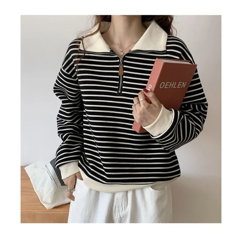 Polo Collar Sweatshirt for Women 2025 Autumn Small Short Jacket Striped Long Sleeve Top Pullover Top Trendy