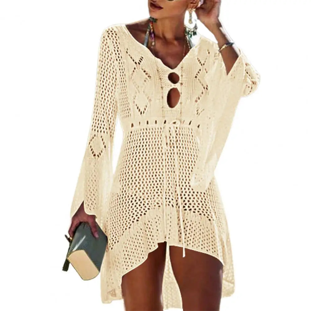 Sexy Women’s Bathing Suit Beach Cover Up Hollow Out Knitted Women Flared Sleeves Solid Color Beach Dress saida de praia