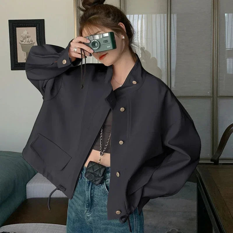 Cargo Bomber Jacket for Women Short Spring Autumn Baseball Aviator Coat Woman Long Sleeve Luxury Modern Clothing Promotion Chic