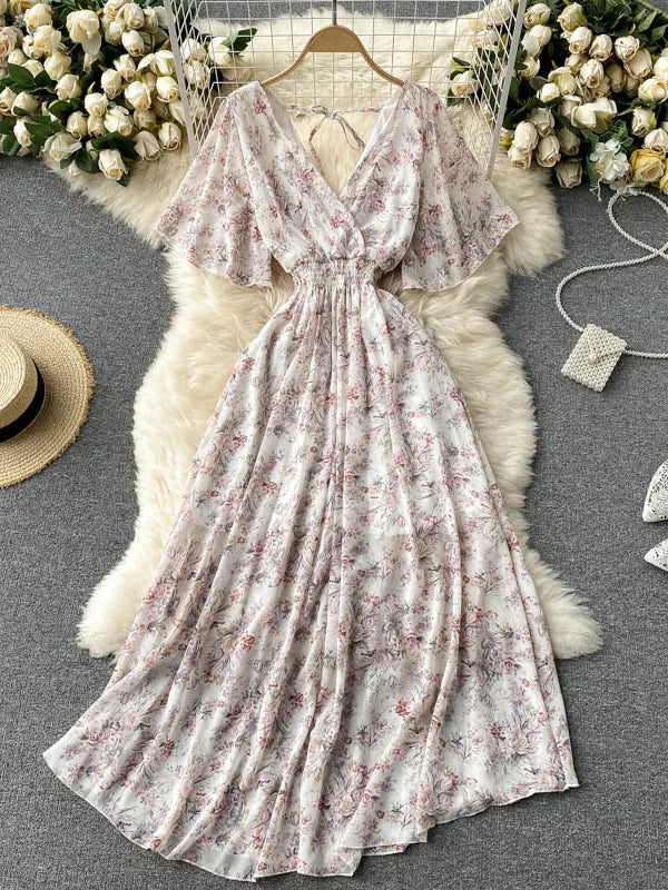 2025 Women Summer Dress Short Flare Sleeve V-neck Chiffon Maxi Dress Boho Style Floral Print High Waist A-line Beach Long Dress