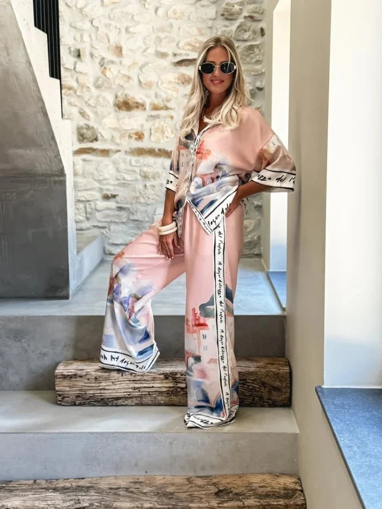 2 Pieces Set for Woman Summer New Elegant Printed Half Sleeves Shirt Tops Suits Fashionable Casual Loose Wide Leg Pants Sets