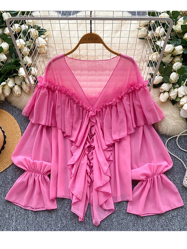 New Summer Autumn Women's Ruffle Splicing Horn Sleeve Chiffon Blouse Top Apricot Fashion Elegant Loose Blusa Feminina C313