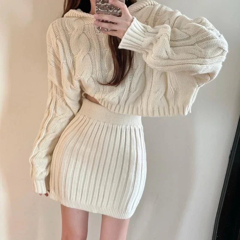 NEW Korean Elegant Hooded Pullover Chic Sweater New Women High Waist Hip Short Skirts 2-piece Set Set Knitted Slim Fit Suit