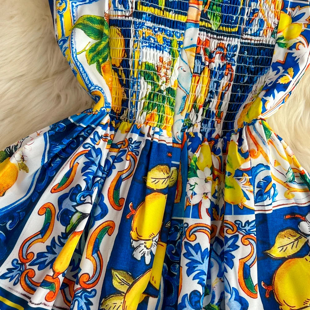 Beach Vacation Skirt with Suspended Strap Summer Gentle Wind, Waist Wrapped Sleeveless A-line Printed Dress Girl Dresses Leisure