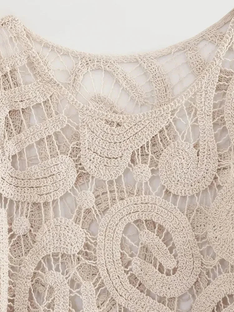 Women Fashion Cropped Semi-sheer Crochet Knit Sweater Sexy O Neck Long Sleeve Female Pullovers Chic Tops