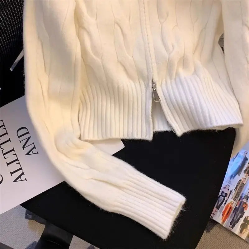 Korean Chic Sweater Women Autumn Winter Knitted Cropped Cardigan Y2k Embroidery Zip Jacket Soft Jumpers Long Sleeve Coat Design