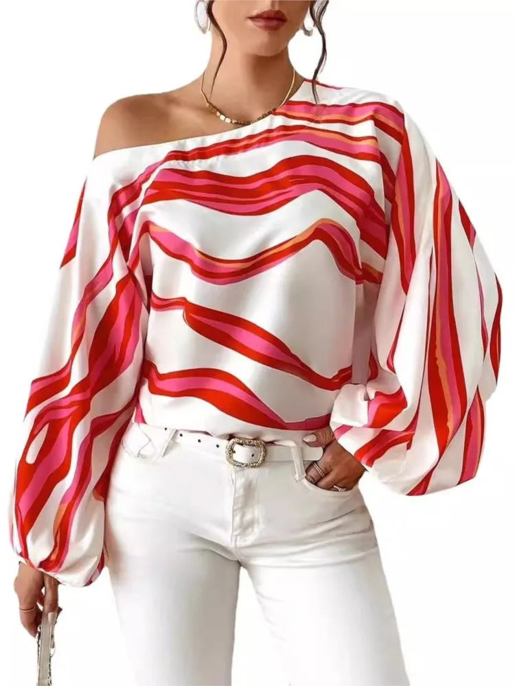 Women's Clothing 2024 Spring Summer New Style Temperament Off Shoulder One Neck Fashionable Printed Loose Women's Shirt