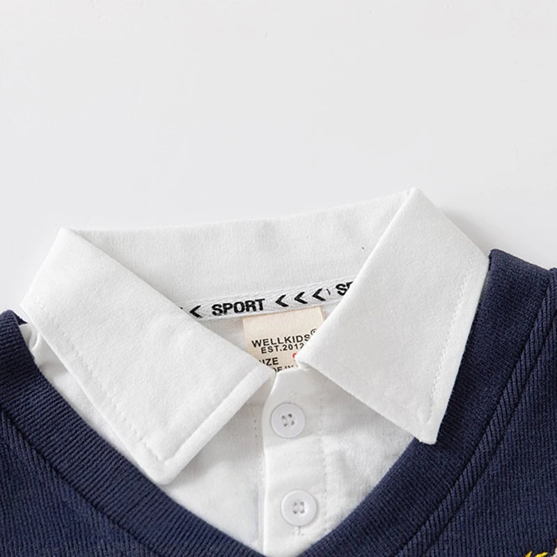 Spring Autumn New Korean Sweatshirt for Boys Fake Two Piece Shirt Collar Boy Top Cute Bear Embroidery Casual Pullover