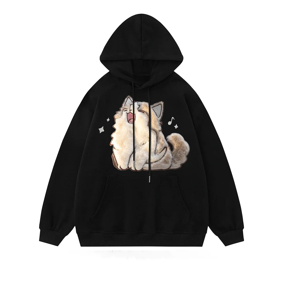 Korean Style Cat Print Pullover Hoodie Streetwear Embroidery Design Autumn Winter Cute Cartoon Loose Fit For Couples Men Women