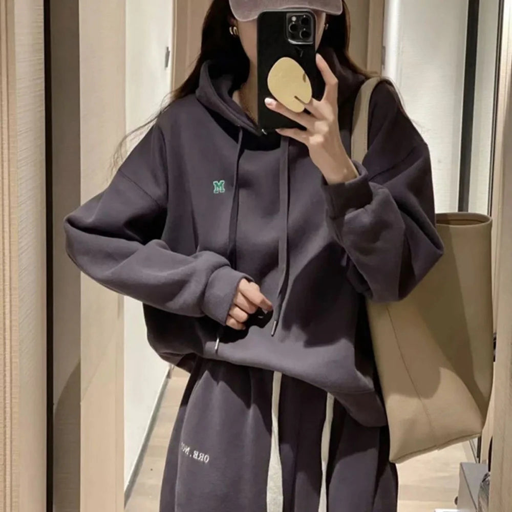 Women Solid Long Sleeve Two-Piece Set Autumn Winter Warm Sweatshirt Suit Hoodie And Pocket Pants Fashion Casual Ladies Outfits