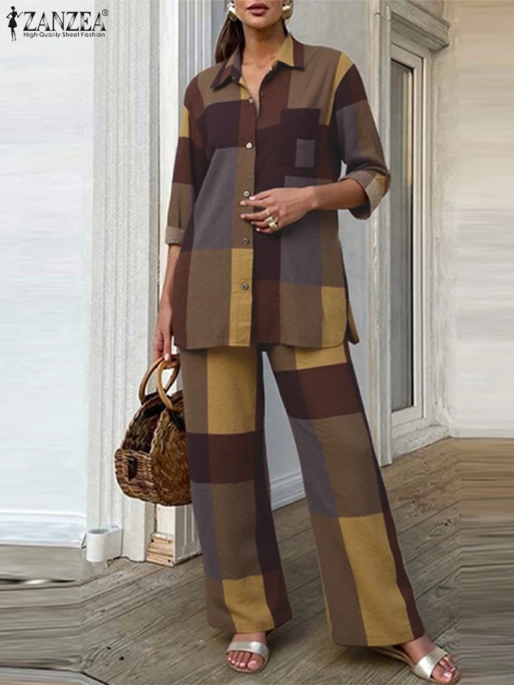 ZANZEA Women Cotton Pant Sets 2025 Print Vintage Autumn Long Sleeve Shirts Wide Leg Pants Outfit Casual OL Suits Oversized Sets
