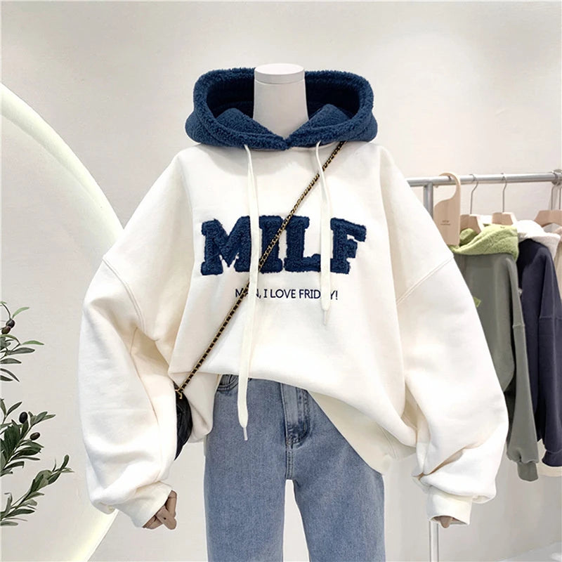 Women Loose Fashion Autumn Letter Splicing Lamb Hoodies Sweatshirt Casual Cotton Thick Long Sleeve Female Pullover Streetwear