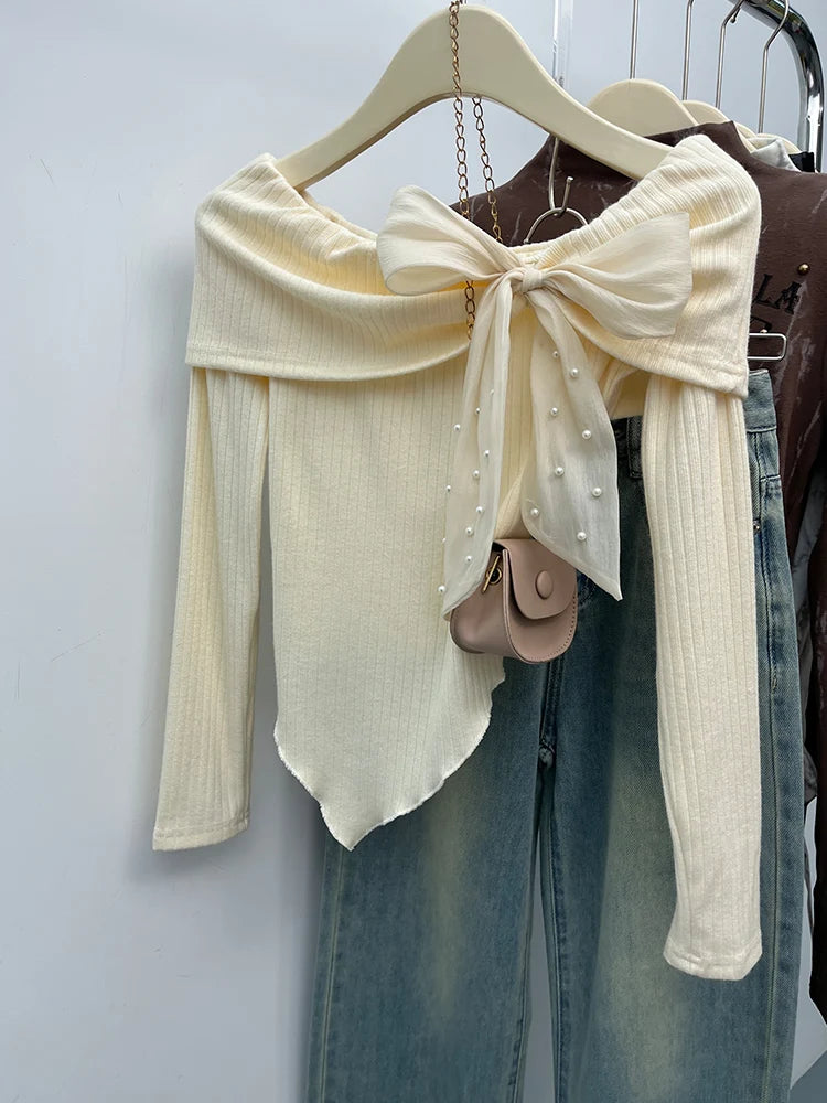 Sweet Korean Fashion Sweater Women's Bow Tied Off Shoulder Irregular Knitted Pullovers Autumn Winter Chic Sexy Short Crop Tops