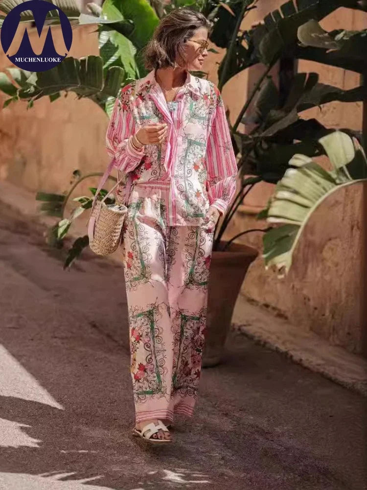 2 Pieces Set for Woman Summer Elegant Versatile Printed Long Sleeves Shirt Suits Fashionable Casual Loose Wide Leg Pants Sets