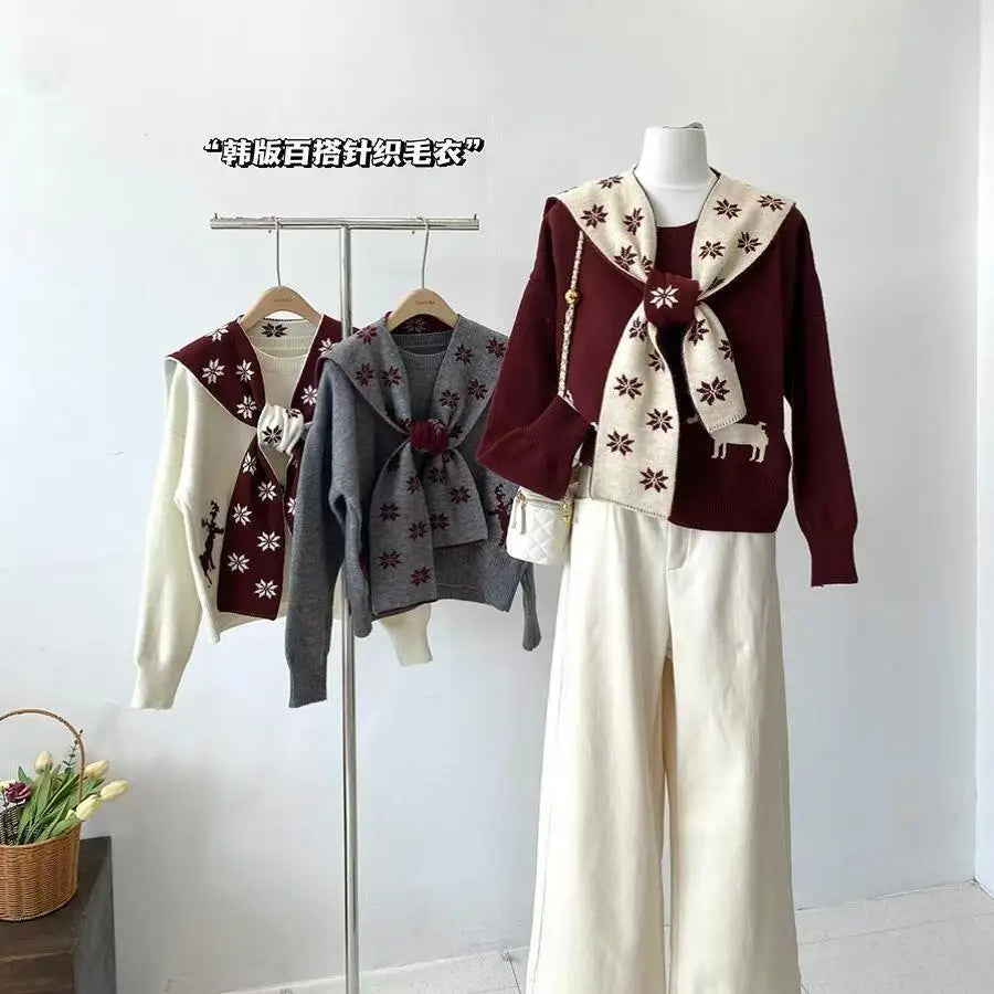 Korean Version of New Red Sweater Christmas Atmosphere Jacquard Long-sleeved Knitted Loose Fashionable Sweater Top